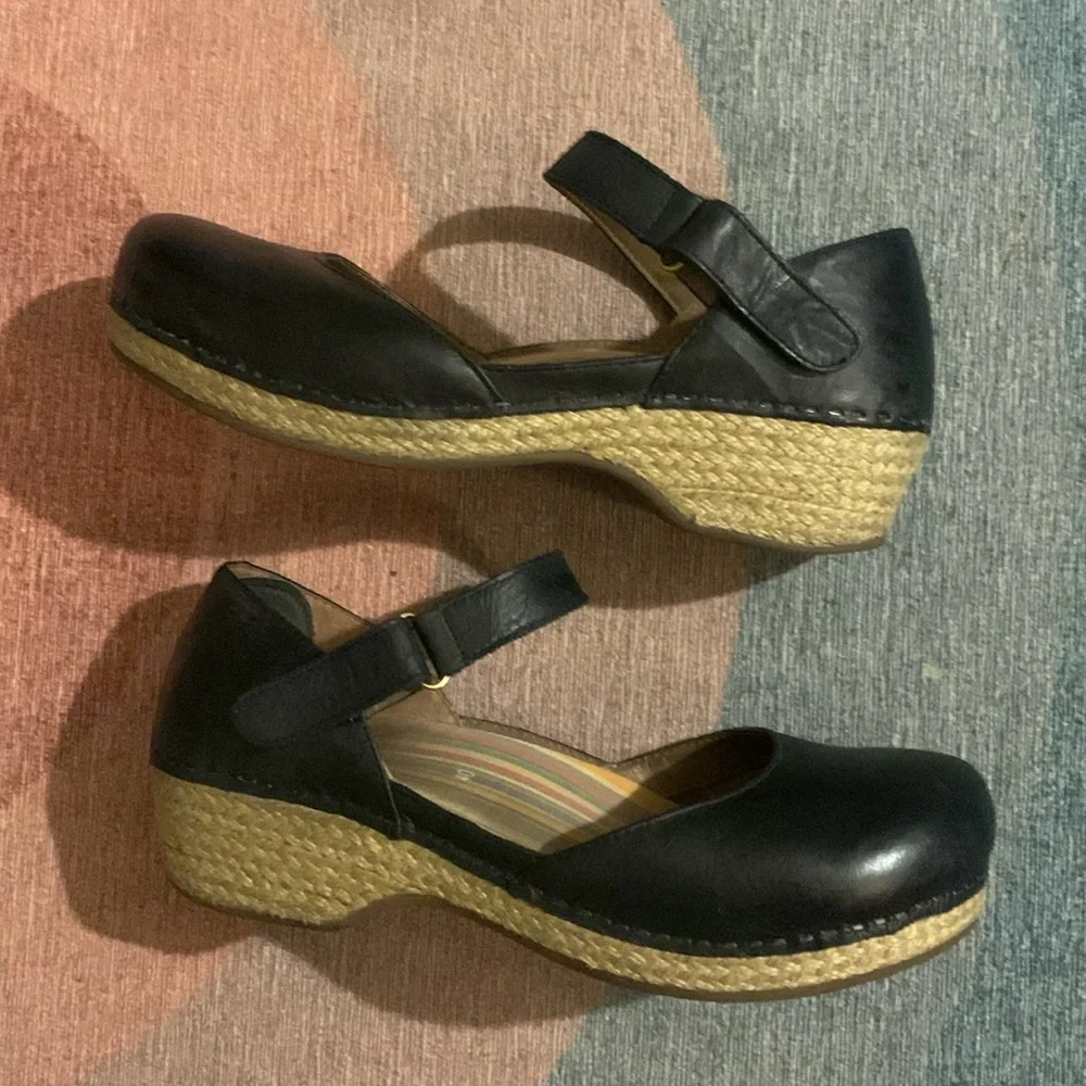 Dansko Black Leather Mary Jane Platforms with Strap